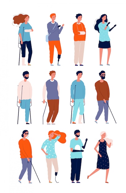 Personajes discapacitados. Ilustraciones de personas insalubres en sillas de ruedas y muletas