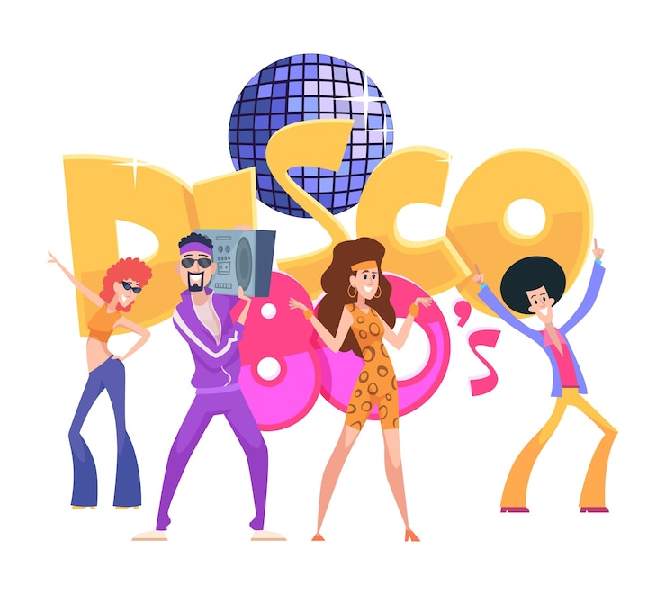 Vector personajes de discoteca divertidos de dibujos animados personas con ropa de estilo de los años 80 bailando