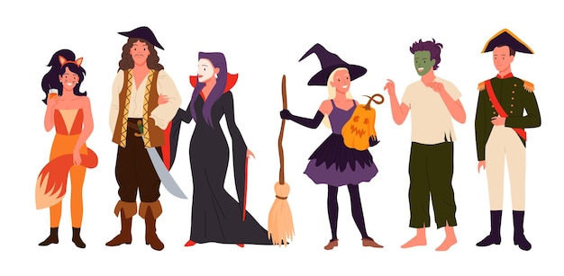 Vector personajes en disfraces para halloween fiesta divertida carnaval personas adultas sonríen conjunto aislado