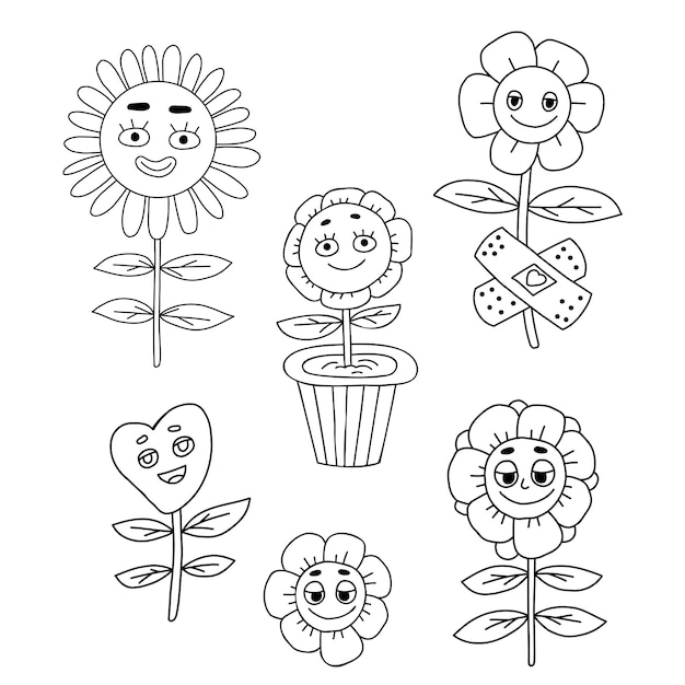 Personajes divertidos flores groovy elementos funky flower power con parche en maceta margarita flores garabatos