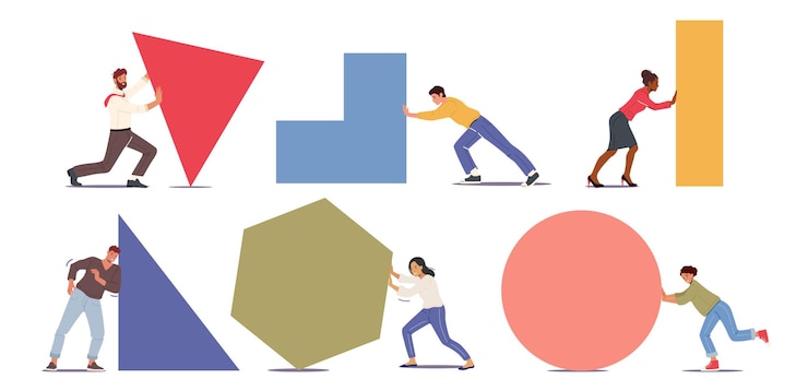 Vector personajes empujando formas grandes hombres y mujeres empujando diferentes piezas metáfora empresarial trabajo difícil perseverancia