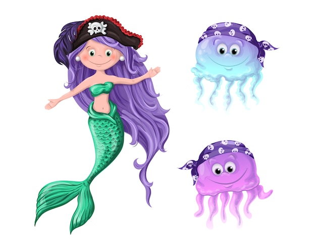 Personajes encantadores una medusa sirena con sombreros de pirata.