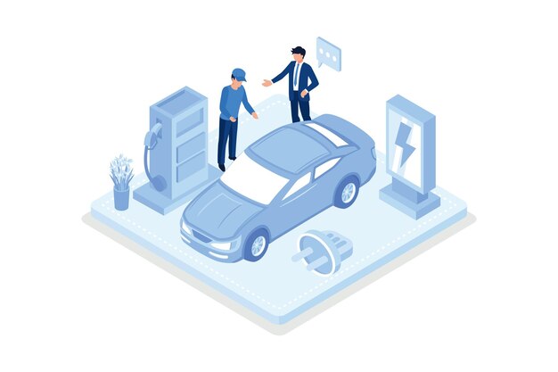 Personajes de energía verde que muestran la ilustración moderna del vector isométrico del coche eléctrico