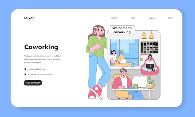 Los personajes de la escena del espacio de coworking moderno colaboran en una habitación luminosa con un planificador de portátiles y un