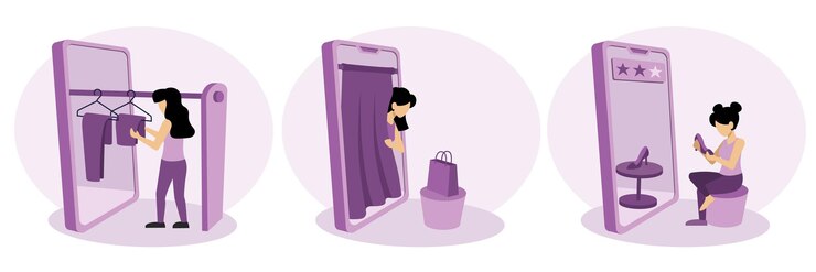 Vector los personajes están comprando en línea, las mujeres compran cláusulas usando un teléfono inteligente