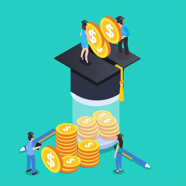Personajes estudiantiles invirtiendo dinero en educación y conocimiento 3d isométrico