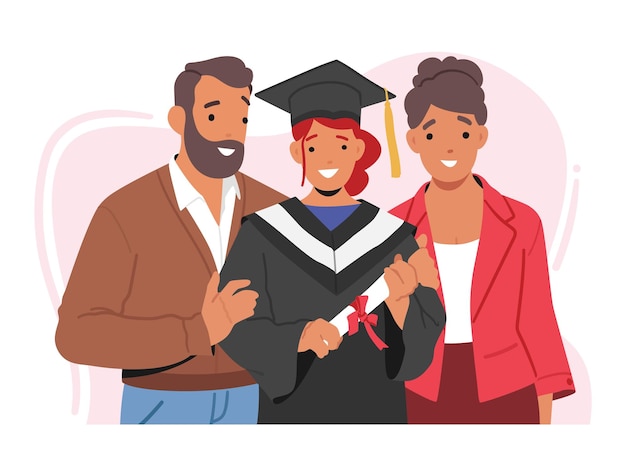 Los personajes de la familia feliz celebran el abrazo de la graduación de la hija y celebran el logro orgullosos del trabajo duro