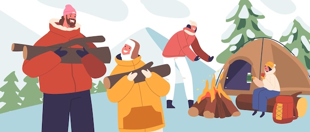 Vector personajes familiares en un campamento de invierno con una acogedora fogata, aventuras llenas de nieve y vínculos de calidad. las personas crean recuerdos duraderos en la serena ilustración de vectores de dibujos animados del país de las maravillas invernales.