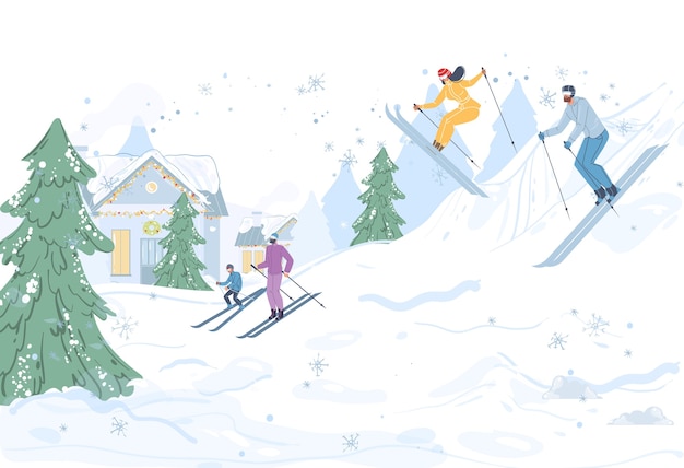 Personajes familiares de dibujos animados haciendo actividades al aire libre en invierno, esquiar en la nieve, estilo de vida saludable, deporte y concepto de estación de esquí