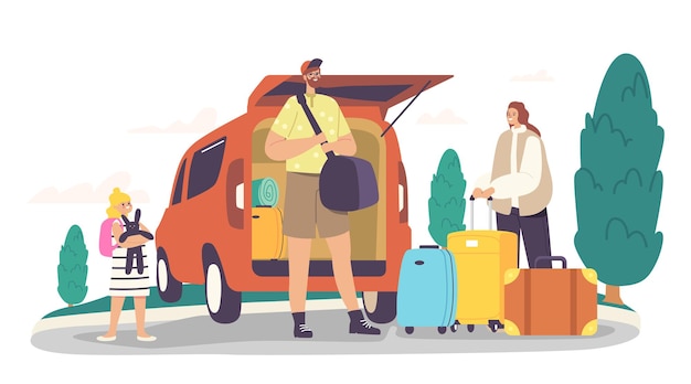 Personajes familiares felices cargando bolsas en el maletero del coche listo para viajar. Madre, padre e hijo emocionado con equipaje saliendo de casa, viaje por carretera de padres e hija. Ilustración de Vector de gente de dibujos animados