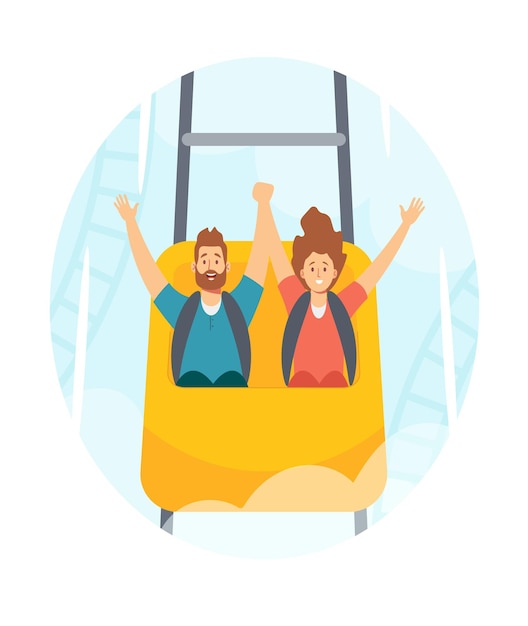 Personajes familiares hombre y mujer montando montaña rusa en el parque de atracciones, feria de diversión carnaval actividad de fin de semana, ocio