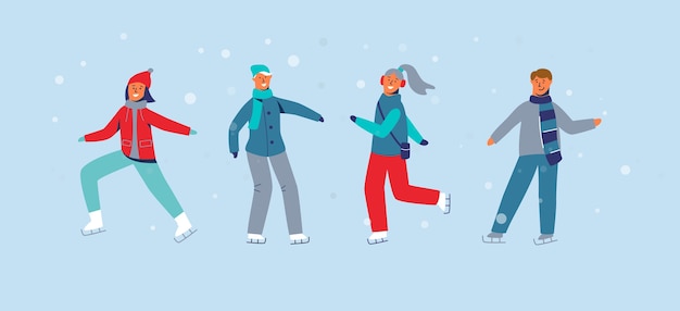 Personajes felices patinando en la pista de hielo. Temporada de invierno personas patinadores sobre hielo. Hombre y mujer alegres en ropa de invierno en paisaje nevado.