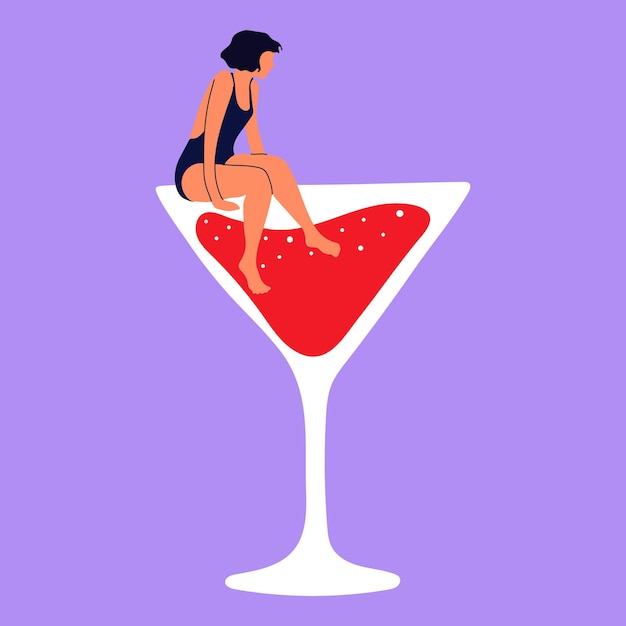 Vector personajes femeninos de moda nadando saltando en el vidrio personas que sufren de alcoholismo