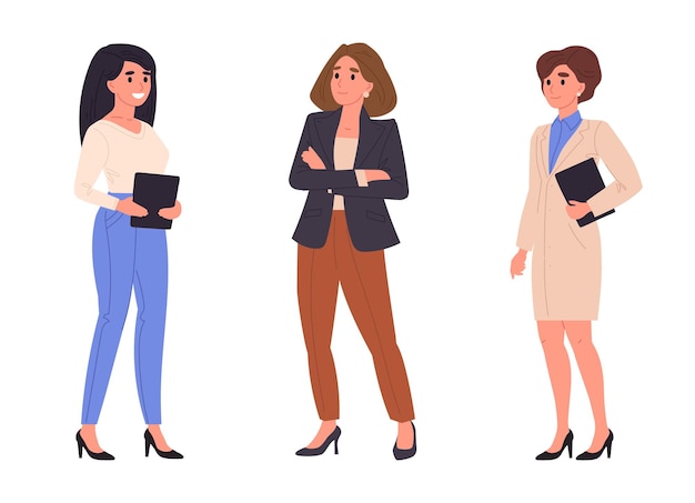 Personajes femeninos de oficina Mujeres de negocios con trajes de negocios Equipo de negocios ocupado y colegas de oficina Conjunto de ilustraciones vectoriales planas Equipo de negocio femenino de dibujos animados
