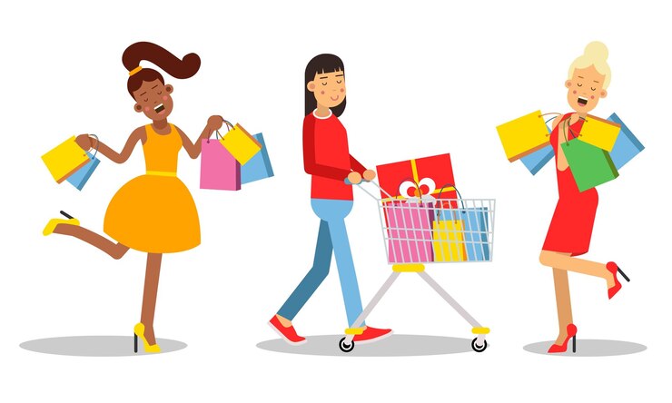 Vector personajes femeninos que llevan bolsas de compras brillantes conjunto de ilustraciones vectoriales