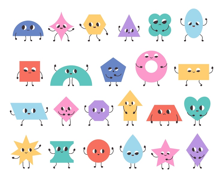 Vector personajes de formas geométricas de dibujos animados lindos figuras de geometría abstracta básica con caras de dibujos animados