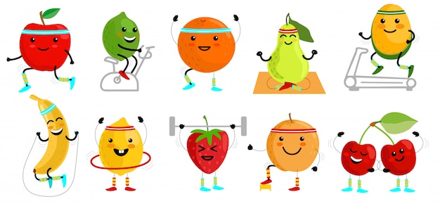 Personajes de frutas deportivas. Alimentación saludable. Frutas deportista. Alimentos divertidos de frutas en ejercicios deportivos, ilustración humana vitamínica de fitness