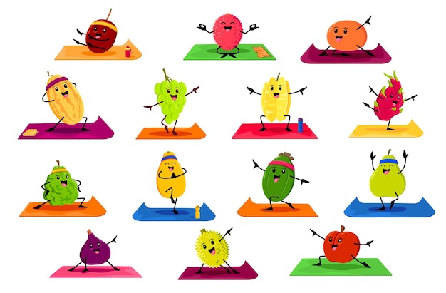 Personajes de frutas de dibujos animados en el vector de fitness de yoga