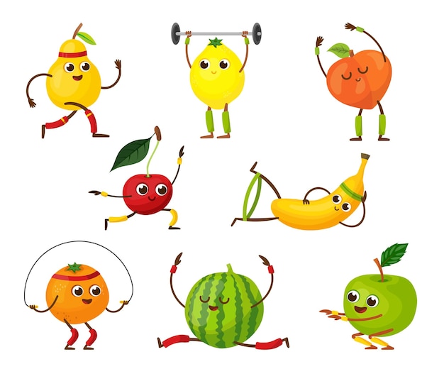 Personajes de frutas divertidas haciendo yoga. kawaii pera, manzana, naranja, melocotón y otras frutas cómicas con entrenamiento. conjunto de ilustración de dibujos animados