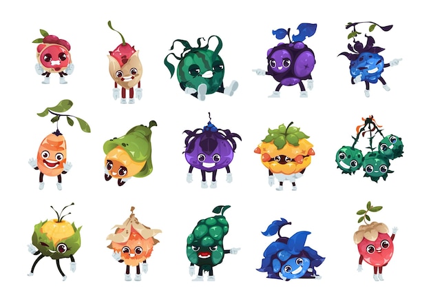 Personajes de frutas de fantasía bayas coloridas mágicas de dibujos animados con caras graciosas activo de sprite de juego 2d de plantas fantásticas iconos emoji aislados de vectores