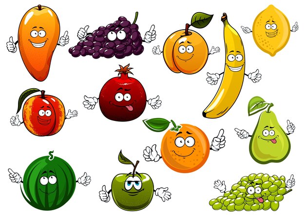 Personajes de frutas frescas felices de dibujos animados