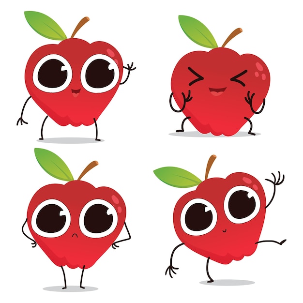 Personajes de frutas manzana con expresiones faciales.