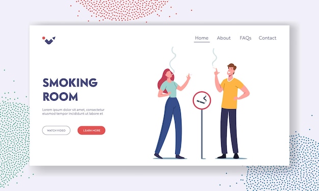 Personajes fumando cigarrillos en área especial con plantilla de página de inicio de sesión. Fumar en un lugar público Concepto de problema social. Hábito malsano, adicción al tabaco. caricatura, gente, vector, ilustración