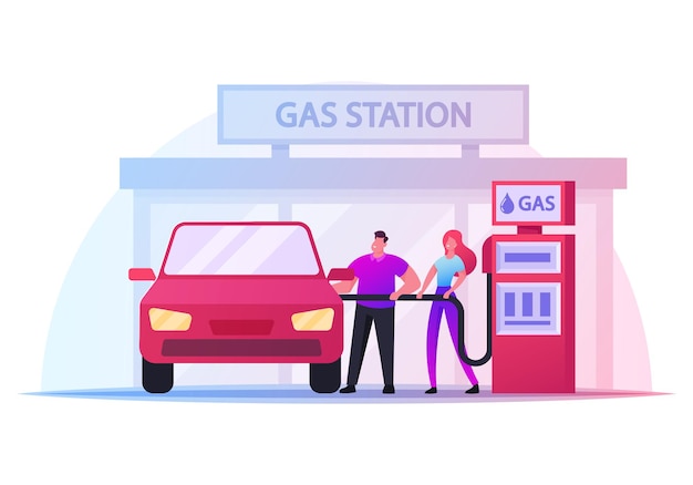 Los personajes de la gasolinera, el hombre y la mujer sostienen la pistola de llenado para verter combustible en el automóvil