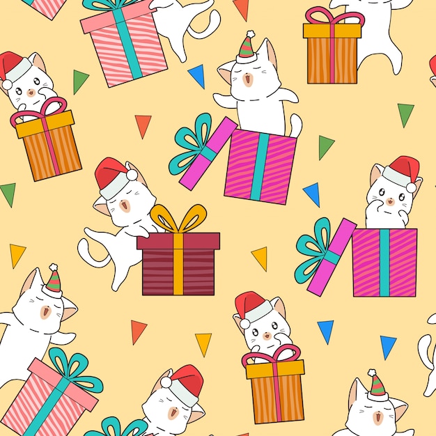 Personajes de gatos adorables sin costura y cajas de regalo en el patrón de fiesta