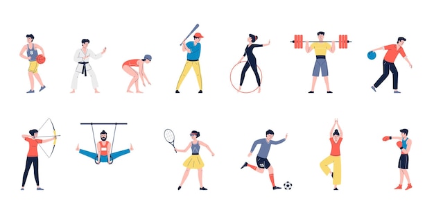 Personajes de la gente del deporte Deportes divertidos hombre y mujer persona de atletismo saludable Deportista entrenando y haciendo ejercicio reciente conjunto de vectores de atletas