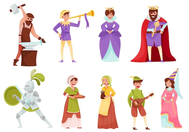 Vector personajes de la gente medieval con caballero blindado y campesino que lleva leche