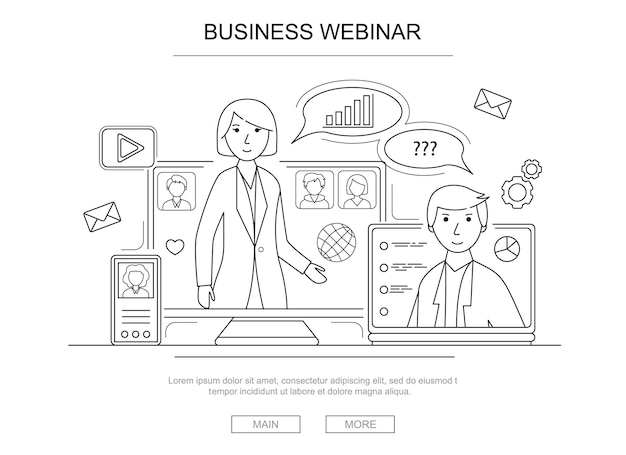 Personajes Gente y Negocios Webinar Concepto Contorno Vector de estilo lineal