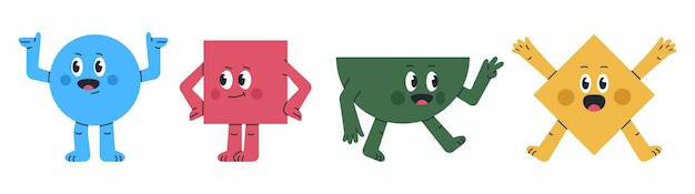 Vector personajes geométricos cómicos formas lindas mascotas con caras divertidas figuras cuadradas de triángulo y círculo con diferentes emociones conjunto de ilustraciones vectoriales planas formas geométricas divertidas