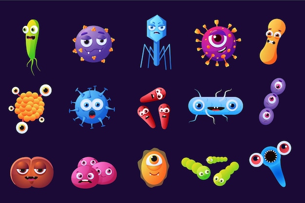 Personajes de germen de bacterias virus de la gripe célula de microbio investigación en microbiología monstruos de enfermedades con caras patógenos de la gripe microorganismo aislado conjunto de iconos de bacterias de dibujos animados vectoriales