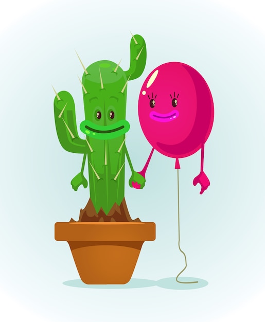 Vector personajes de globos y cactus mejores amigos. ilustración de dibujos animados plana