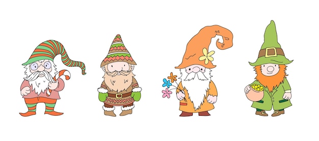 Personajes de gnomo lindo divertido anciano fabuloso con barba de pelo gris cuento de navidad gnomos con sombreros