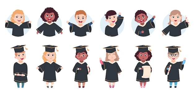 Personajes de graduación feliz Graduados de preescolar lindos dibujos animados pequeños estudiantes con diploma Conjunto de vectores de avatares de niños divertidos aislados