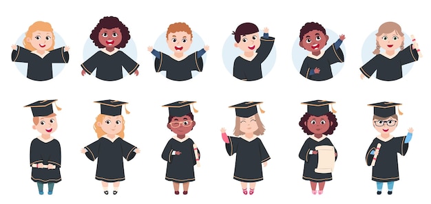 Personajes de graduación feliz graduados de preescolar lindos dibujos animados pequeños estudiantes con diploma conjunto de vectores de avatares de niños divertidos aislados