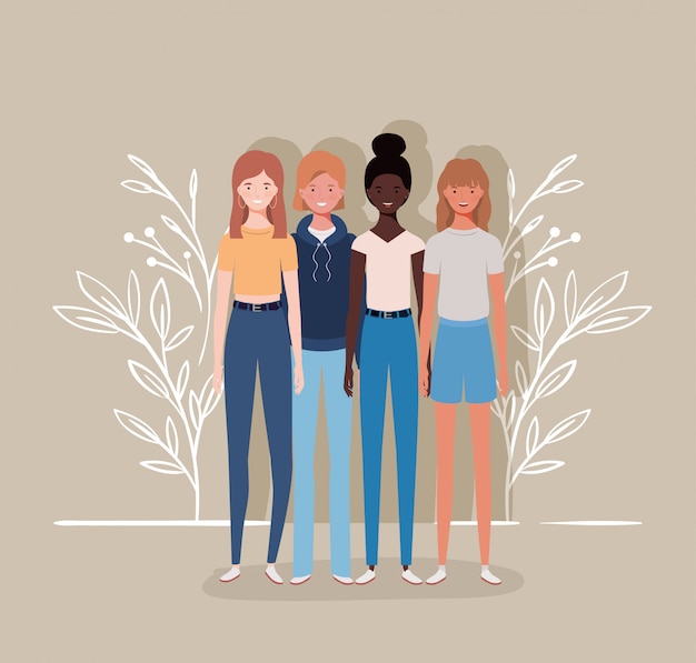 Vector personajes de grupo de chicas interraciales jóvenes y hermosas