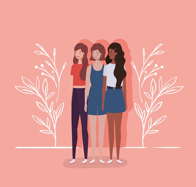 Vector personajes de grupo de chicas interraciales jóvenes y hermosas