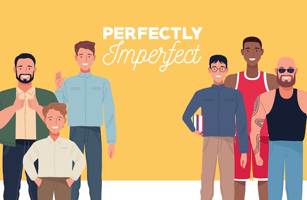 Personajes de grupo de personas perfectamente imperfectos en fondo amarillo