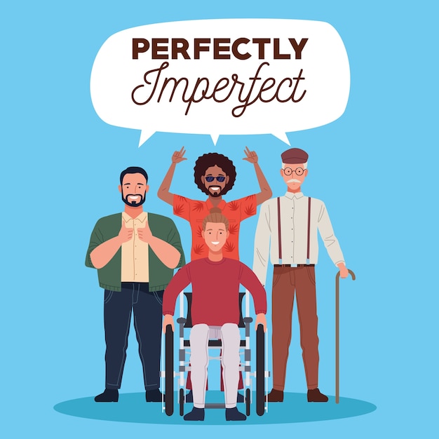 Personajes de grupo de personas perfectamente imperfectos con letras en bocadillo