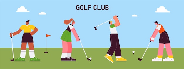 Personajes haciendo columpios de golf cada persona está balanceándose en varias poses f