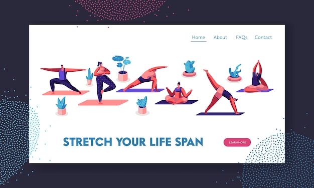 Personajes haciendo práctica de yoga en diferentes poses. actividad deportiva, ejercicio, fitness, estiramiento, estilo de vida saludable, ocio. página de destino del sitio web, página web. ilustración de vector plano de dibujos animados