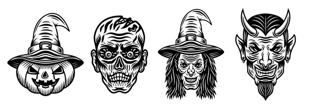 Personajes de Halloween bruja diablo zombie calabaza conjunto de objetos de estilo negro vectorial o elementos de diseño para su diseño