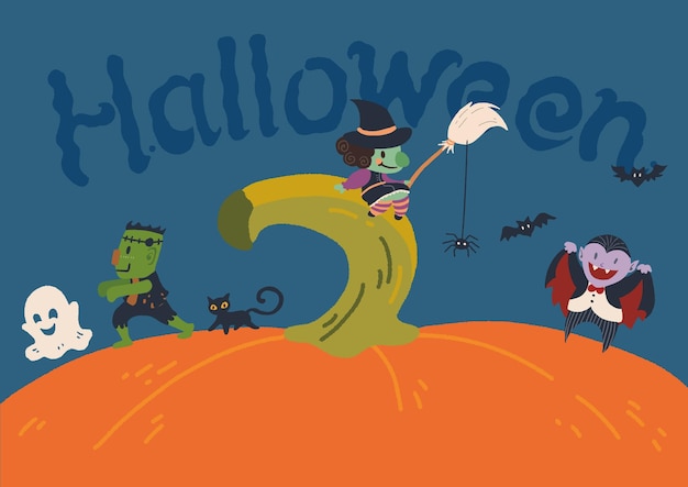 Vector personajes de halloween desfilan alrededor de una calabaza