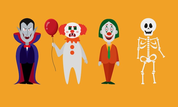 Vector personajes en halloween joker dracula evil clown and skeleton