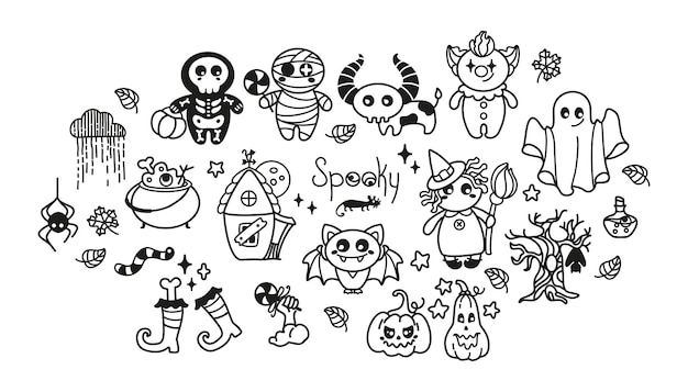 Los personajes de Halloween para niños fantasmas divertidos, brujas, arañas, payasos, esqueletos, momias, juegos de Halloween, vectores.