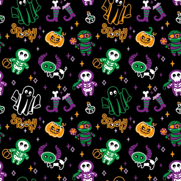 Personajes de Halloween para niños Feliz Halloween Patrón sin costuras Vector