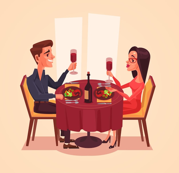 Personajes de hombre y mujer de amantes de la feliz pareja cenando con vino.